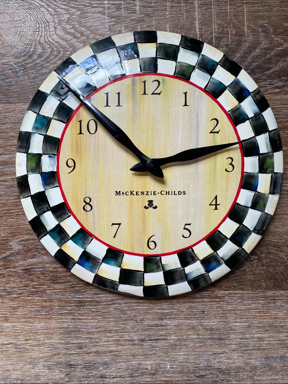 MacKenzie-Childs Checkered Wall Clock - Black, White, Yellow & Red Trim